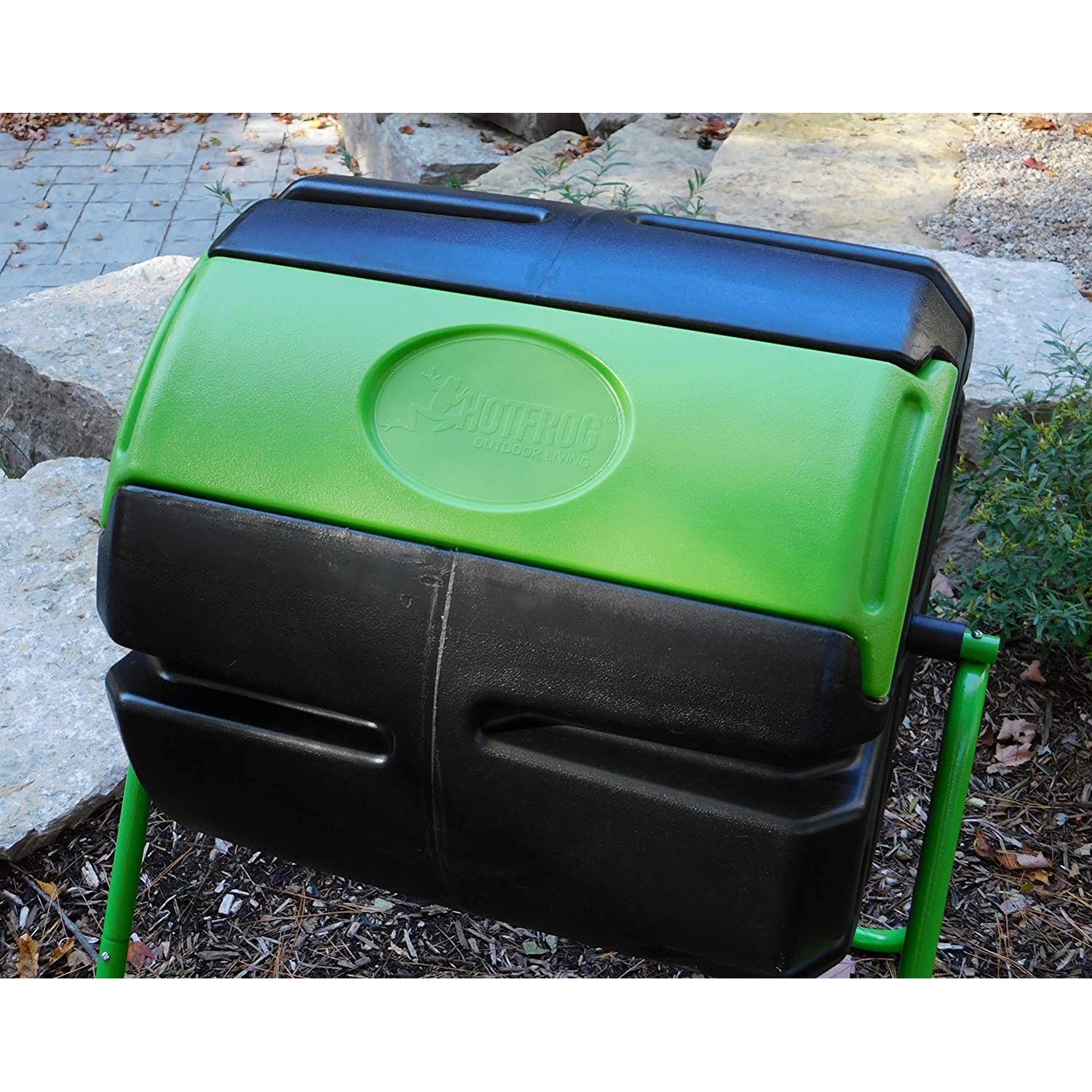 FCMP Outdoor HF-RM4000 HOTFROG 37 Gallon Plastic Roto Tumbling Composter Rotating Garden Compost Bin, Black/Green