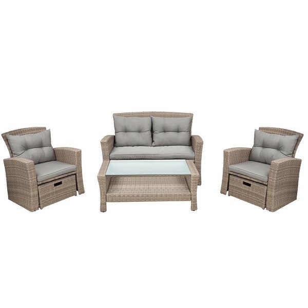 4-Pieces Outdoor Garden Sectional Furniture Set for 4-6， Rattan Sofa Set with Tempered Glass Coffee Table， Ottoman and Cushions - Overstock - 37476155