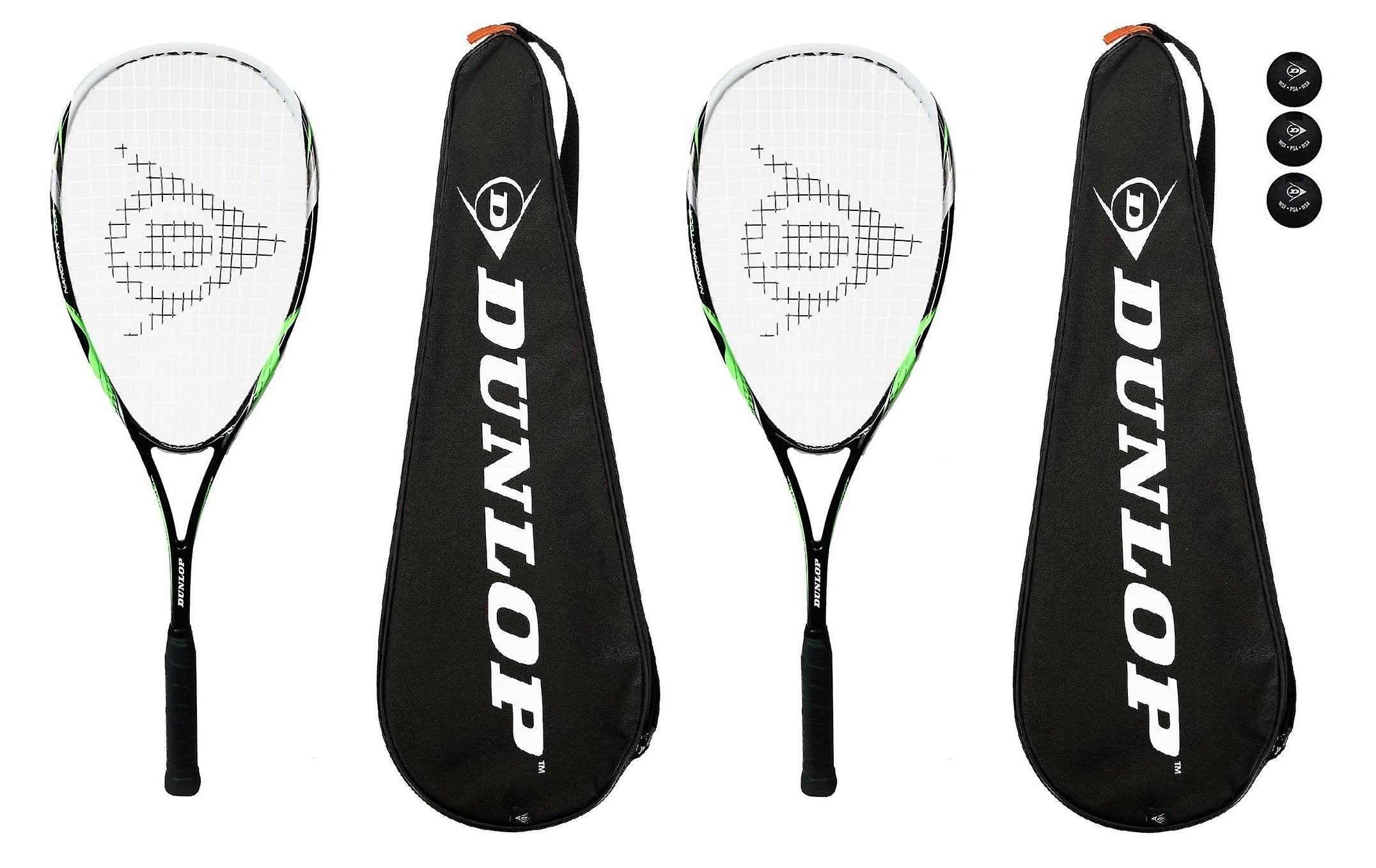 2 X dunlop nanomax tour squash rackets + cover + 3 squash balls