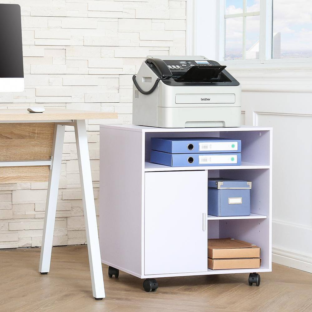 FITUEYES White Office Filing Cabinet with Door Wood Mobile Printer Stand on Wheels for Storing File Folders FPS406005WW-HD