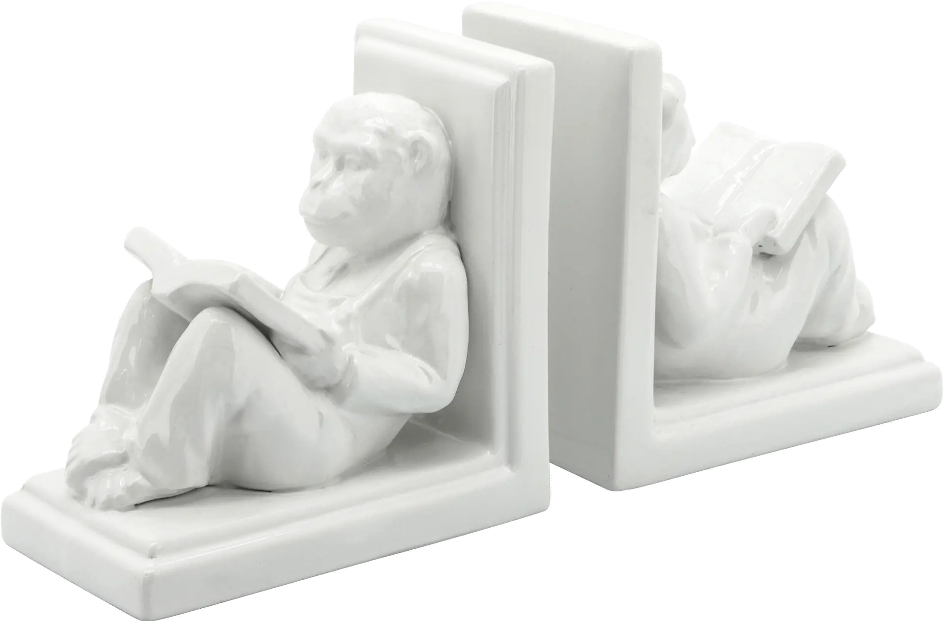 7 Inch White Ceramic Reading Monkey Bookend Pair