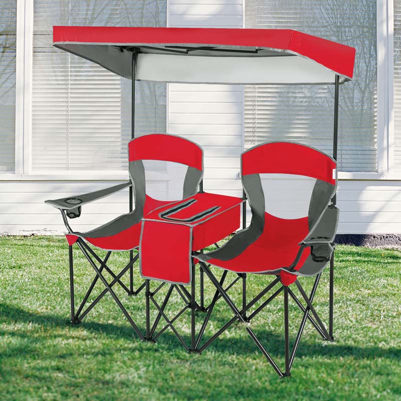 Double Sunshade Camping Canopy Chair with Mini Table, Cup Holder, Portable Folding Beach Chair with Canopy