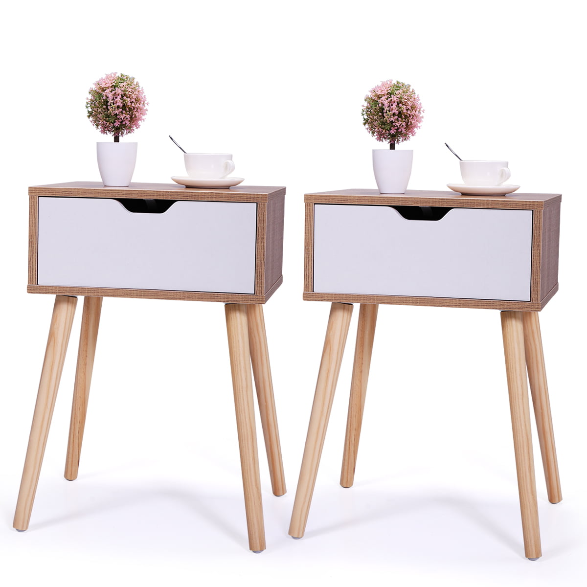 Andoer Mid-Century Nightstand, Set of 2, Wooden Bedside End Table w/White Storage Drawer, Side Table for Small Spaces