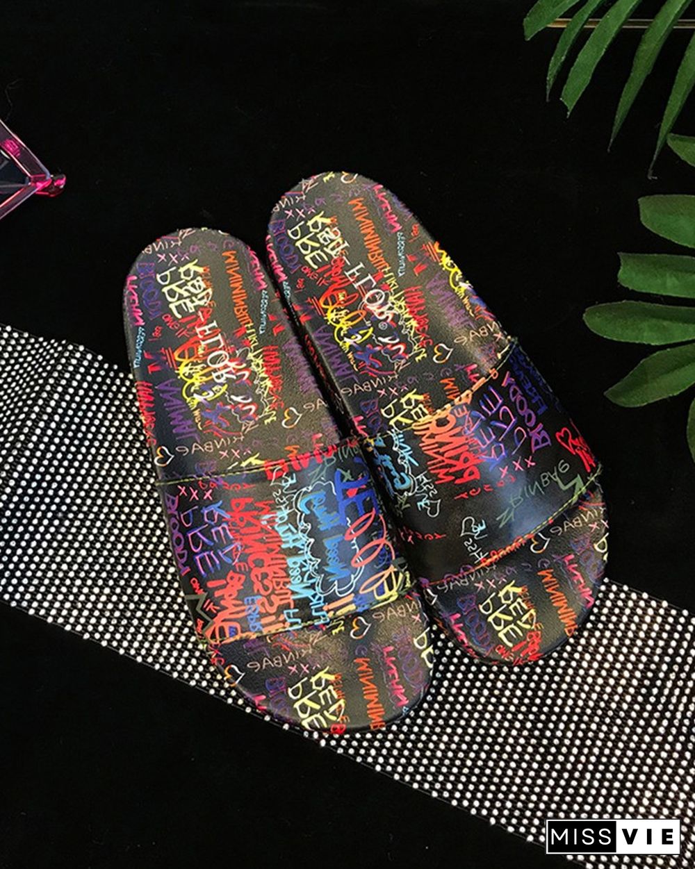 Round-toe Multicolor Letter Print Platform Slippers