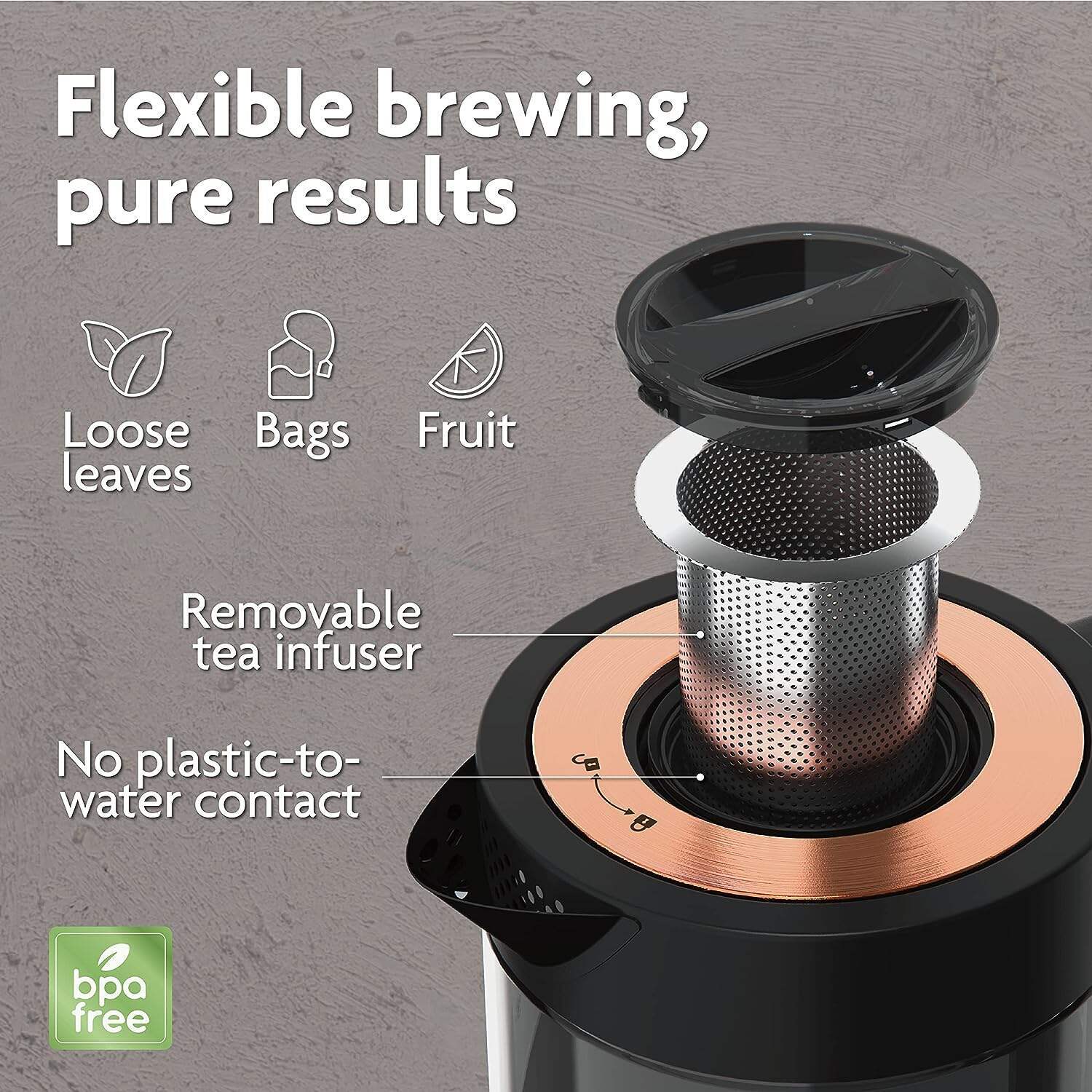 Vianté Hot Tea Maker Electric Glass Kettle with tea infuser and temperature control. Automatic Shut off. Brewing Programs for your favorite teas and Coffee.