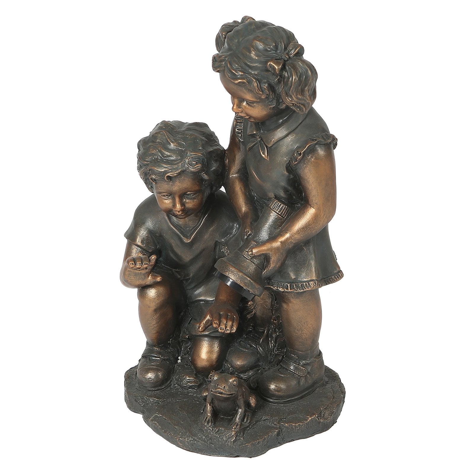 LuxenHome Bronze MgO Boy and Girl Garden Statue with Solar Light