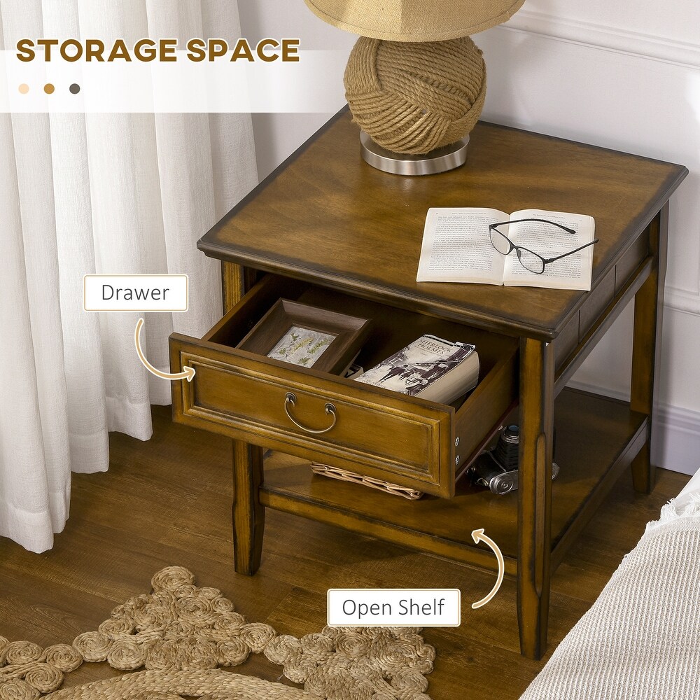 Retro Side Table  End Table with Storage Drawer and Open Shelf for Living Room  Bedroom