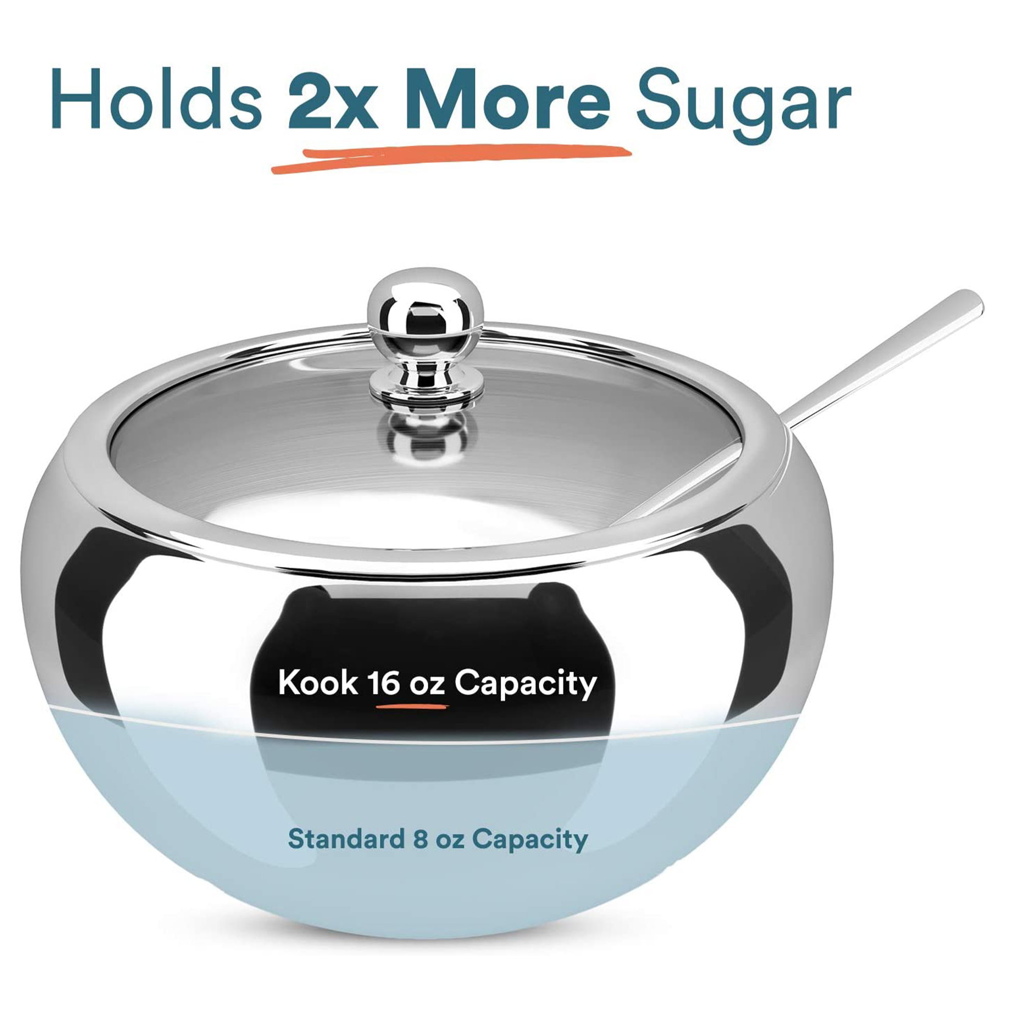 Kook 16 Oz Stainless Steel Sugar Bowl with Lid and Spoon Kitchen Accessories