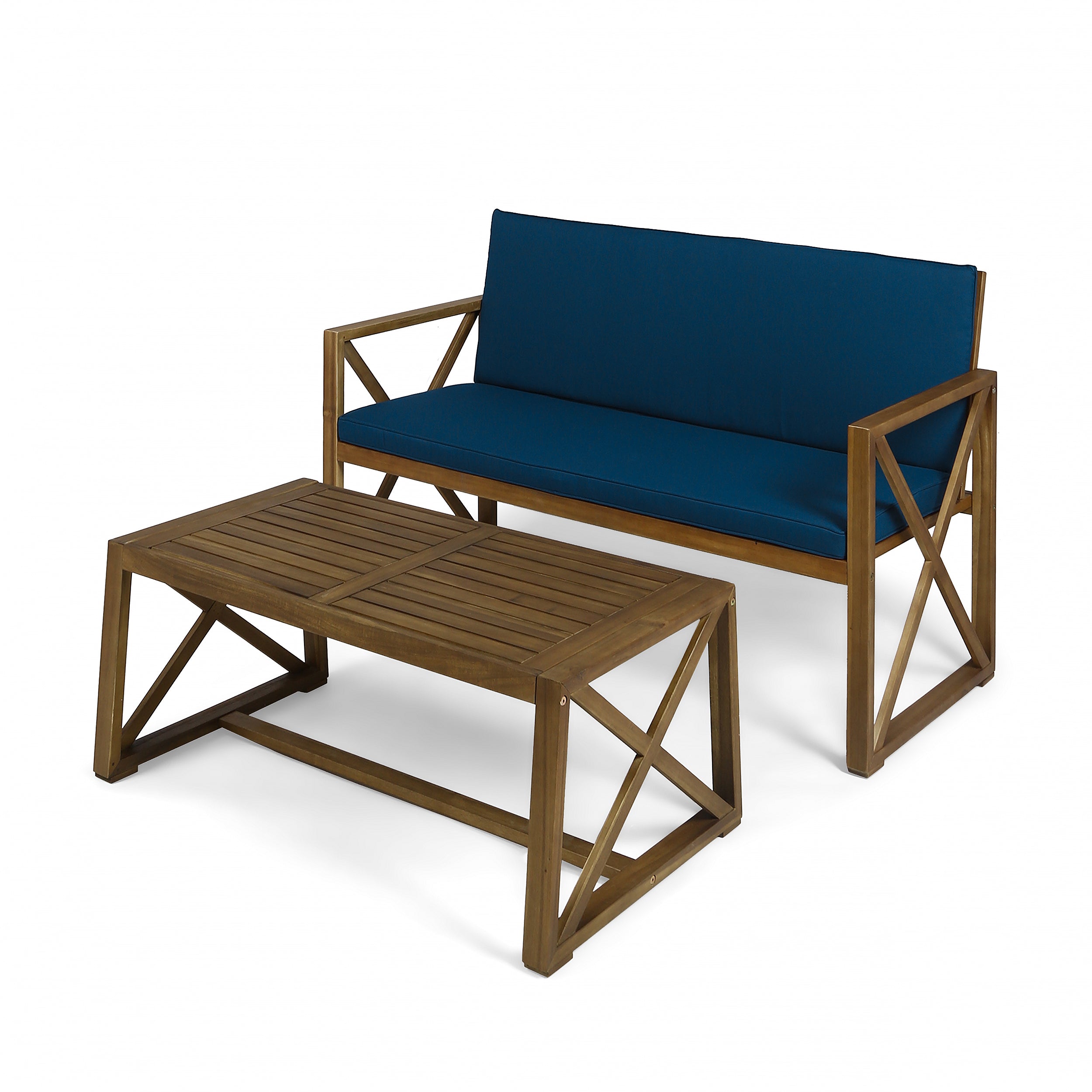 Hazel Outdoor Acacia Wood Loveseat with Coffee Table Set with Cushions