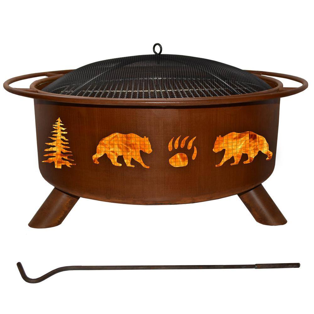 Bear and Trees 29 in. x 18 in. Round Steel Wood Burning Fire Pit in Rust with Grill Poker Spark Screen and Cover F107