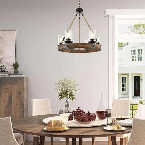 Farmhouse 6-Light Wagon Wheel Solid Wood Chandelier for Dining Room - D25