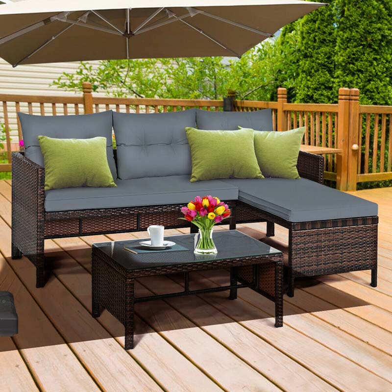 3 Pcs Rattan Patio Furniture Set Outdoor Conversation Sofa Set with Loveseat Chair & Coffee Table