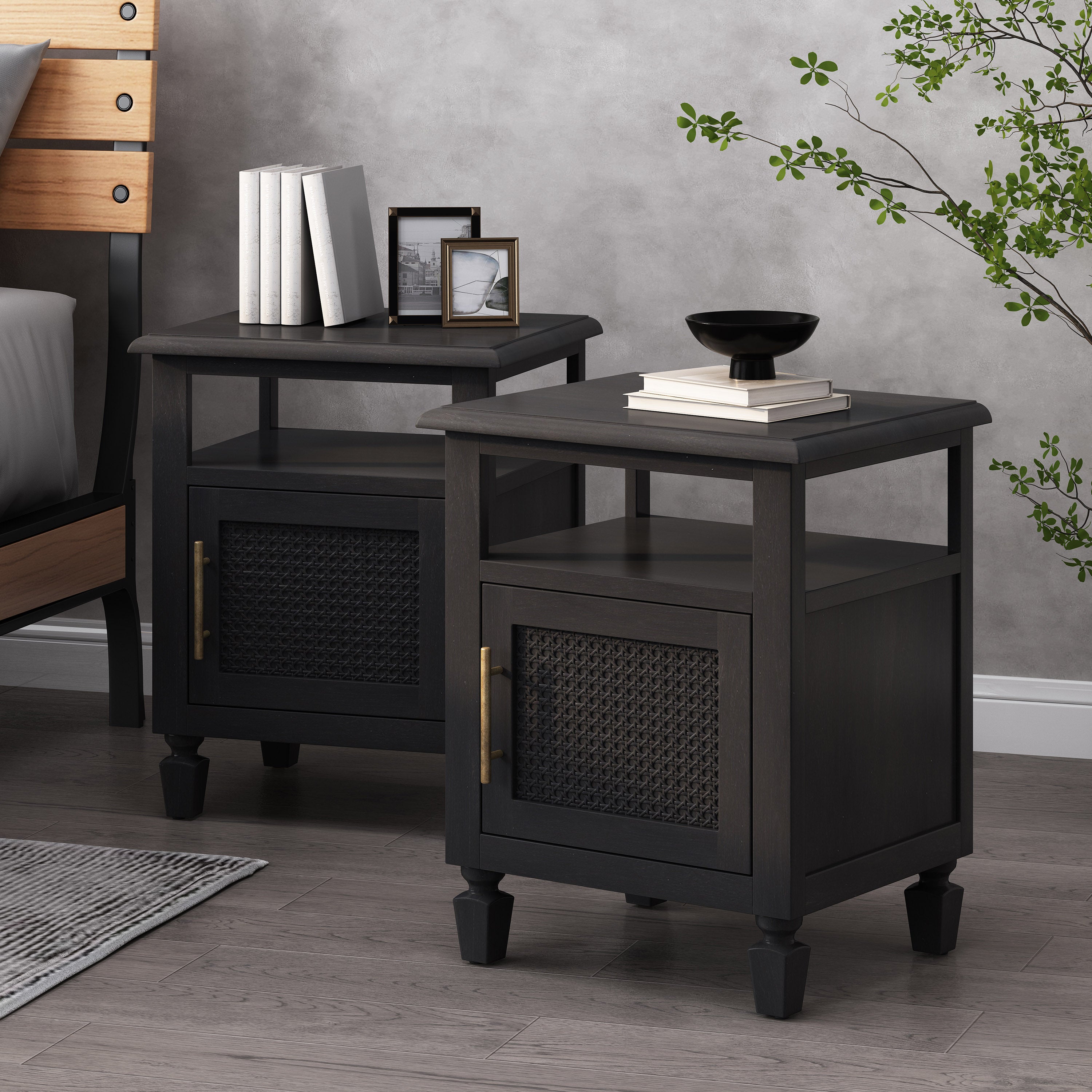 Lempster Rustic Acacia Wood and Cane Nightstands, Set of 2, Dark Gray