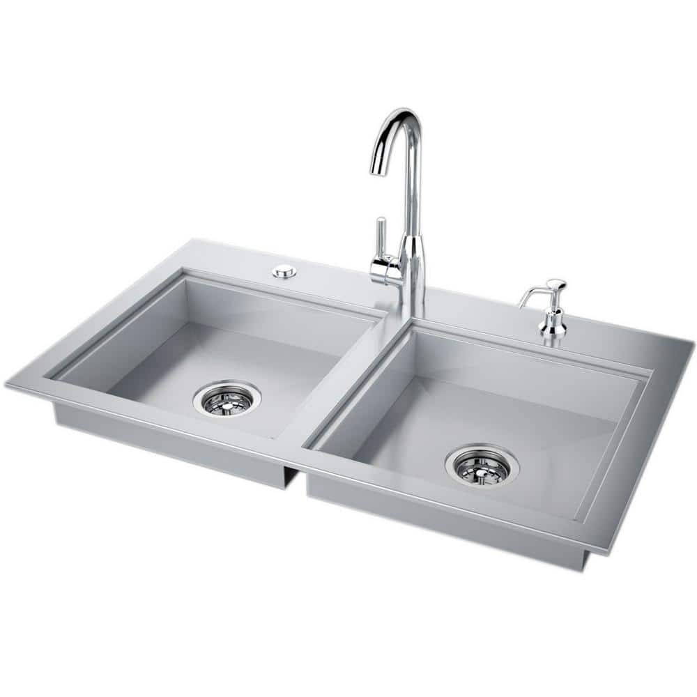 Sunstone 37 in. Stainless Steel Double Sink with Built-In Covers and Hot/Cold Faucet ADA Compliant ADASK37