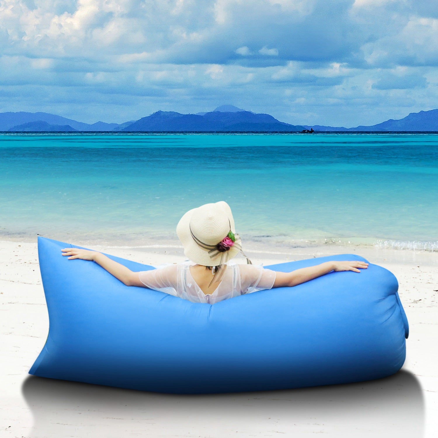 Air Lounger， iMountek Lazy Bed for Camping， Beach， Park， Backyard， Fast Inflatable Portable Wind Bed Lounger， Air Sleeping Sofa Couch(Sky Blue)