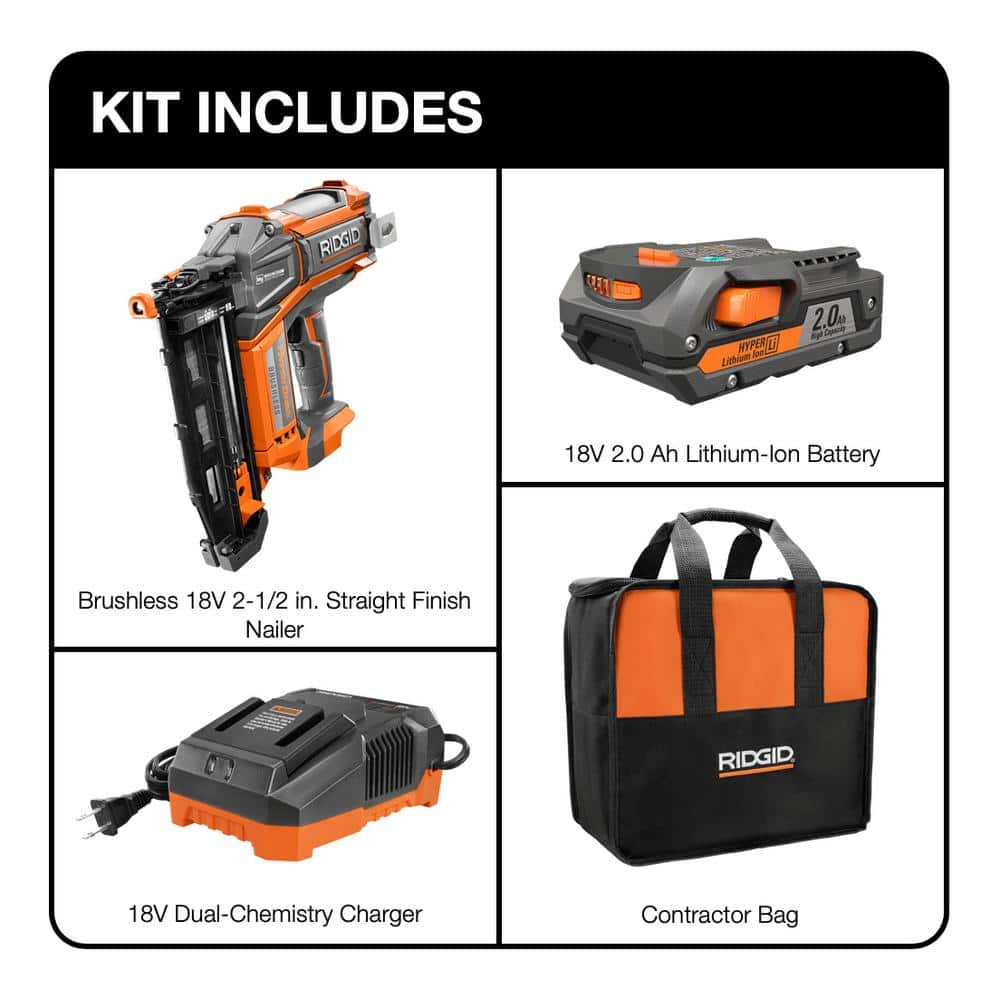 RIDGID 18V Brushless Cordless HYPERDRIVE 16-Gauge 2-1/2 in Straight Finish Nailer, 2 Ah Battery, Charger, Belt Clip and Bag R09892K