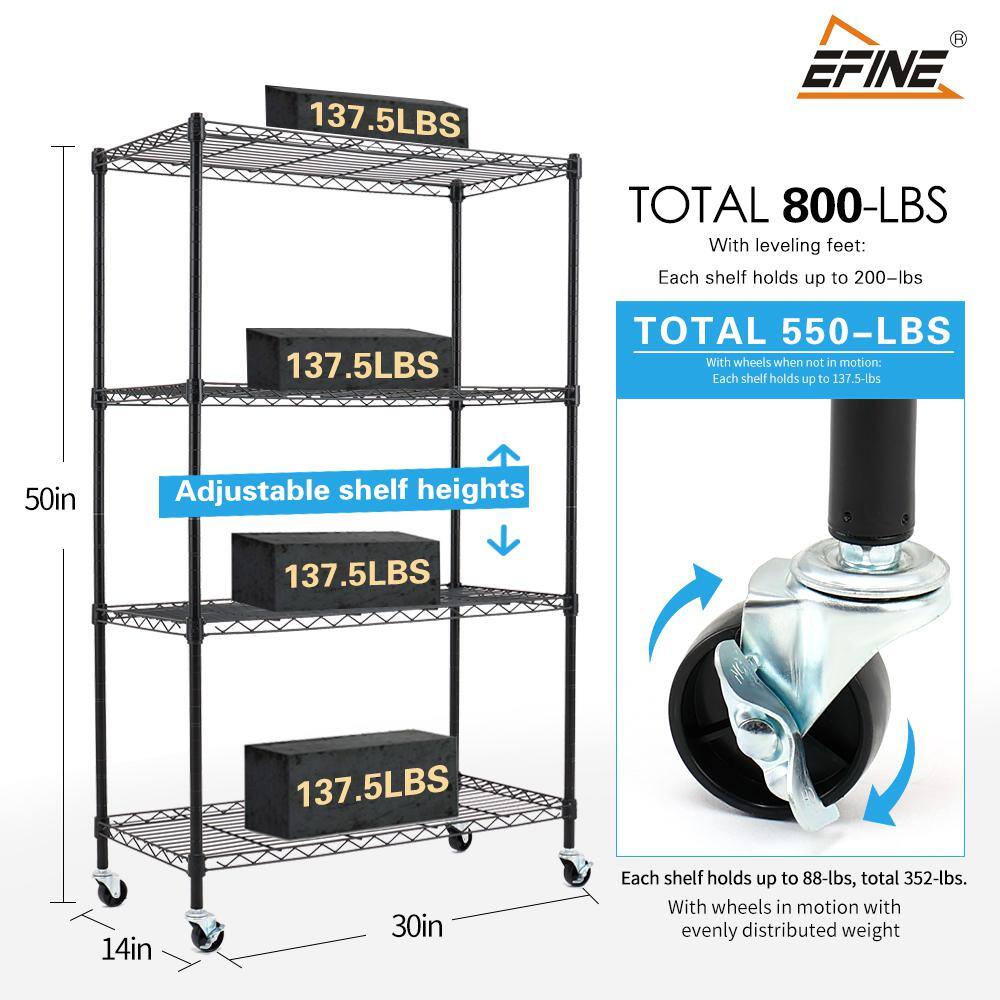 EFINE Black 4-Tier Rolling Carbon Steel Wire Garage Storage Shelving Unit with Casters (30 in. W x 50 in. H x 14 in. D) RL200-4W