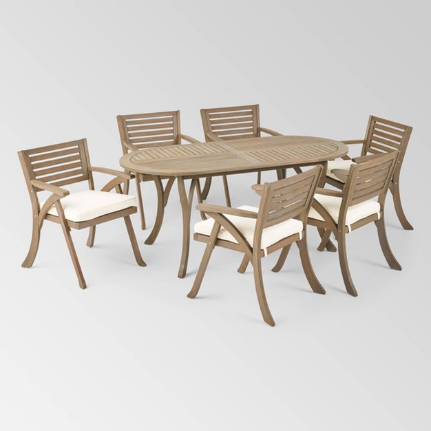 Hermosa 7pc Acacia Wood Oval Dining Set Gray cream Christopher Knight Home