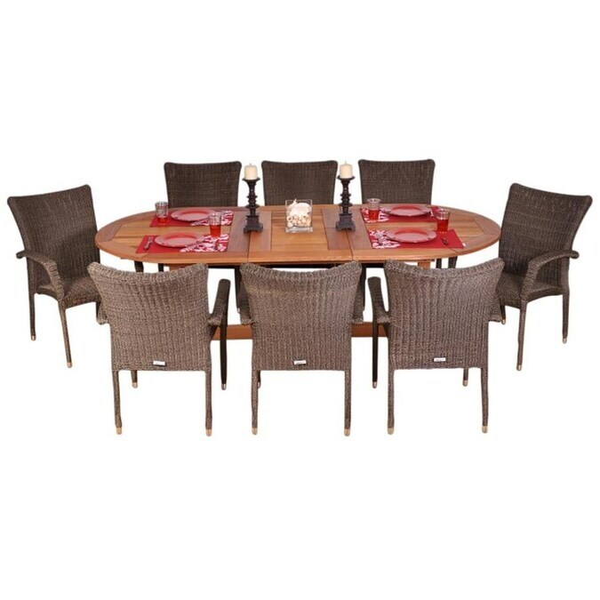 Rennaisance 9 Piece Outdoor Eucalyptus Wicker Dining Set Extendable Oval Patio Furniture