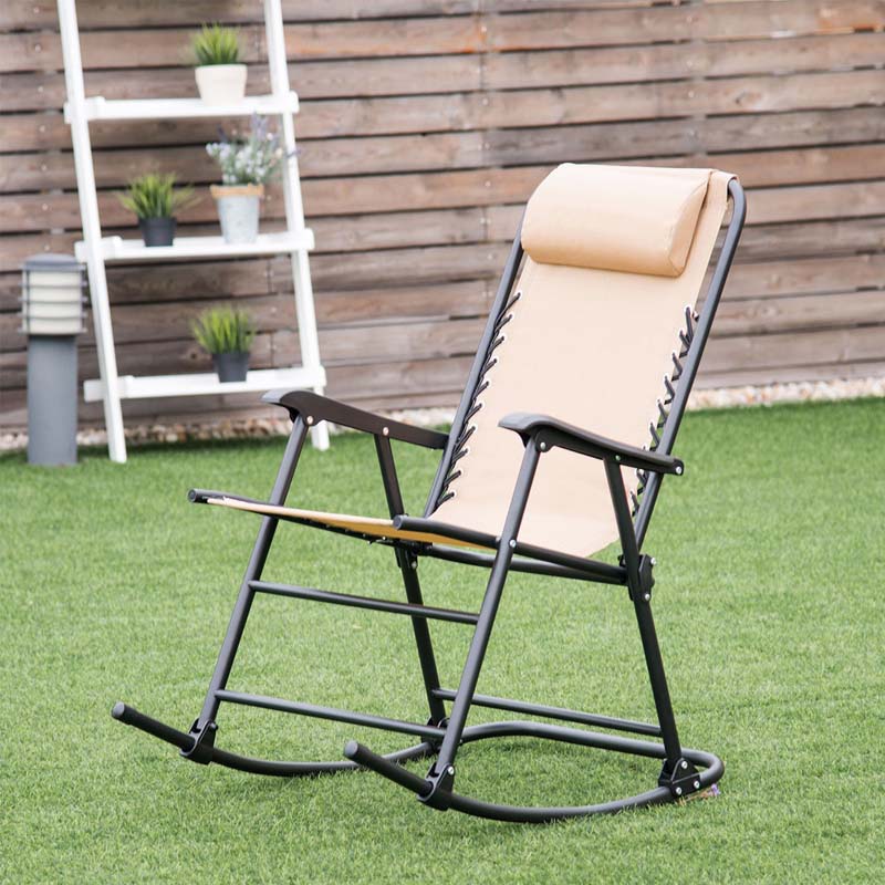 Patio Folding Zero Gravity Rocking Chair Outdoor Beach Camping Chair with Pillow & Armrests