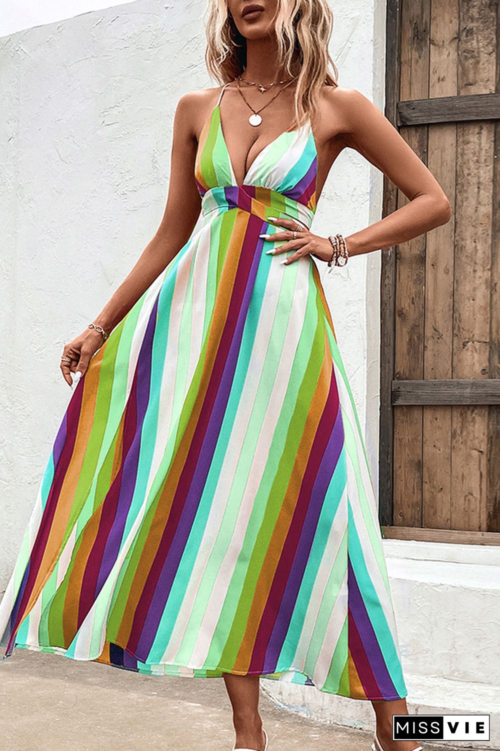 Multicolor Striped V Neck Spaghetti Strap Backless Maxi Dress