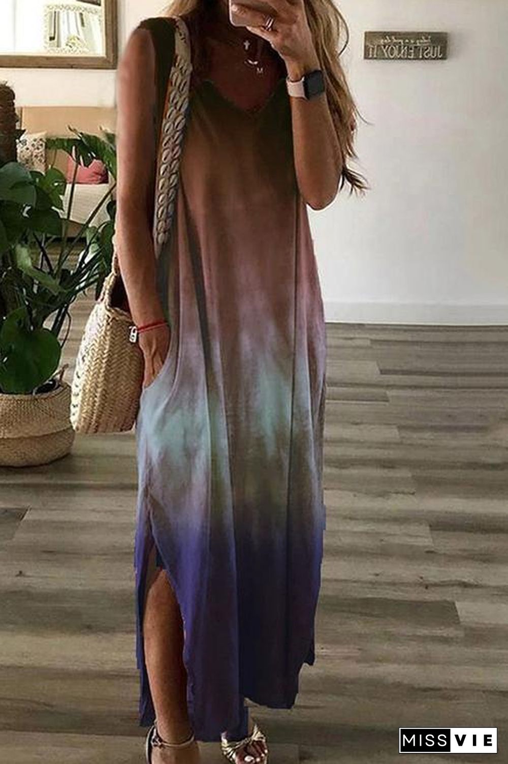 Gradient V Neck Pockets Slit Maxi Dress