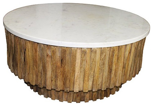 Round Marble Top and Wooden Strips Coffee Table   Rustic   Coffee Tables   by UStradeENT LLC  Houzz