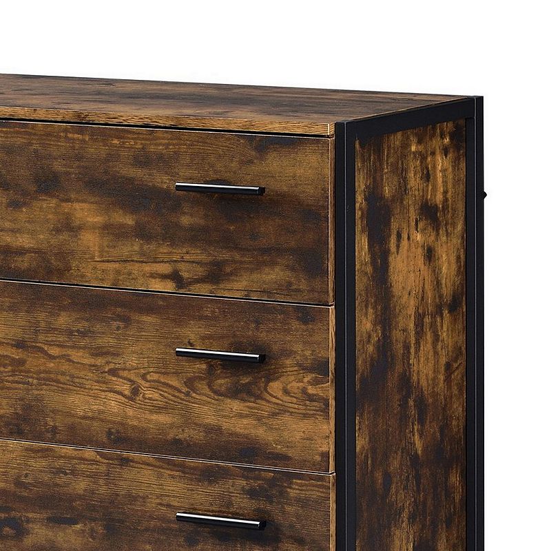 Nat 48 Inch Rustic Wood Chest， 5 Drawers， Brown and Black