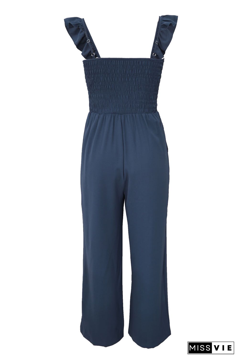 Blue Flutter Sleeve Smocked Wide Leg Jumpsuit