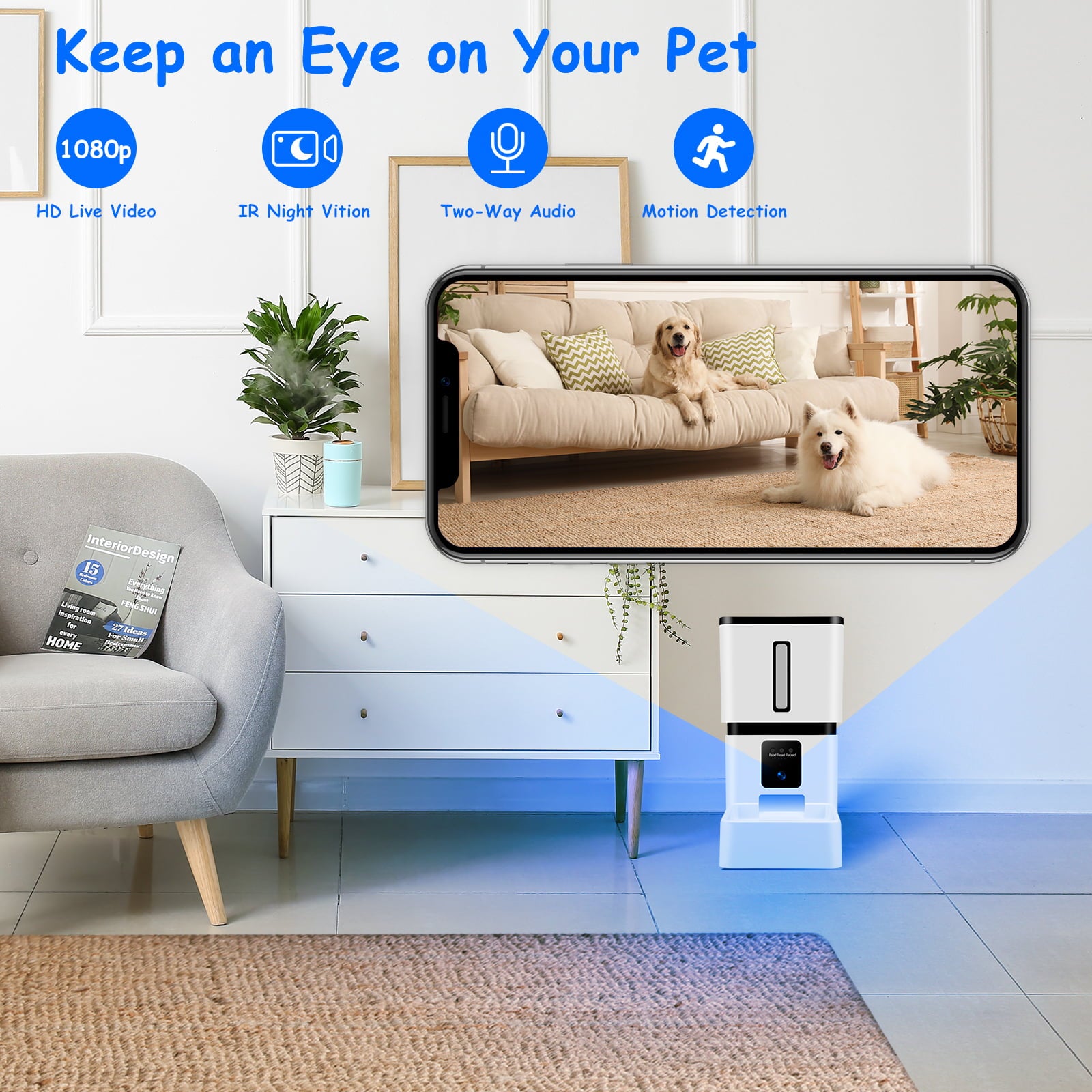 Tovendor Automatic Pet Feeder with 1080P Camera， 8L Large Food Dispenser for pet and dog， 5G WiFi Connect 2-Way Audio APP Control Pet Timer Feeder