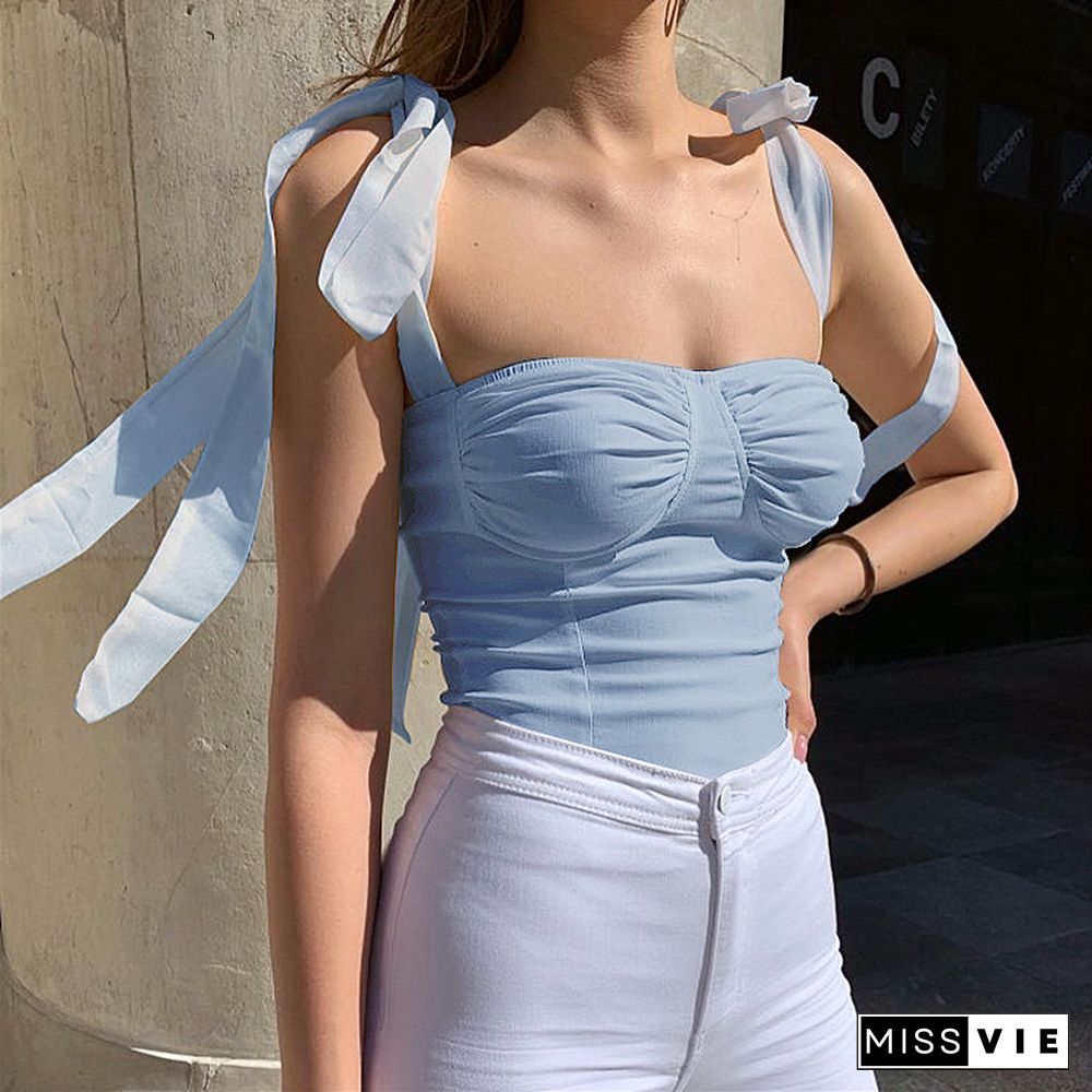 Ribbon Lace Up Camisole Women Vest Chic Summer New Sleeveless Square Collar Sling Crop Top Solid Color Lady Backless Camis