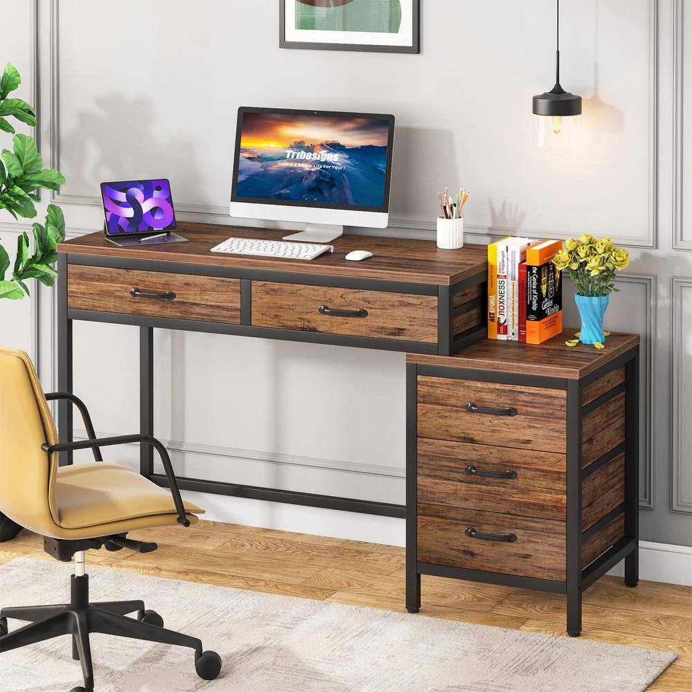 TRIBESIGNS WAY TO ORIGIN Cassey 51 in. Rectangular Brown Wood 5 Drawer Computer Desk Study Writing Desk for Home Office HD-JW0390