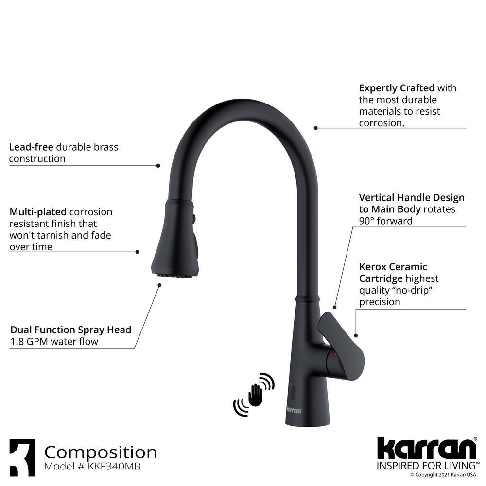 Karran Kadoma Single Handle Touchless Pull-Down Sprayer Kitchen Faucet in Matte Black KKF340MB