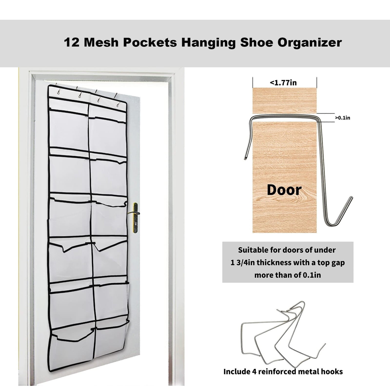 Boots Extra Large over the Door Shoe Rack 12 Mesh Pockets Hanging Shoe Organizer for Men Shoes Size 16， White