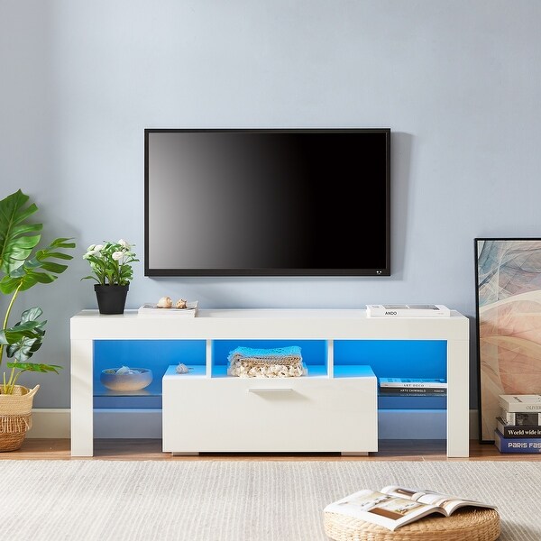 Morden High Glossy TV Stand Cabinet with 2 Glass ShelfandRGB LED for 43 to 60 in TV Cabinet Entertainment Center