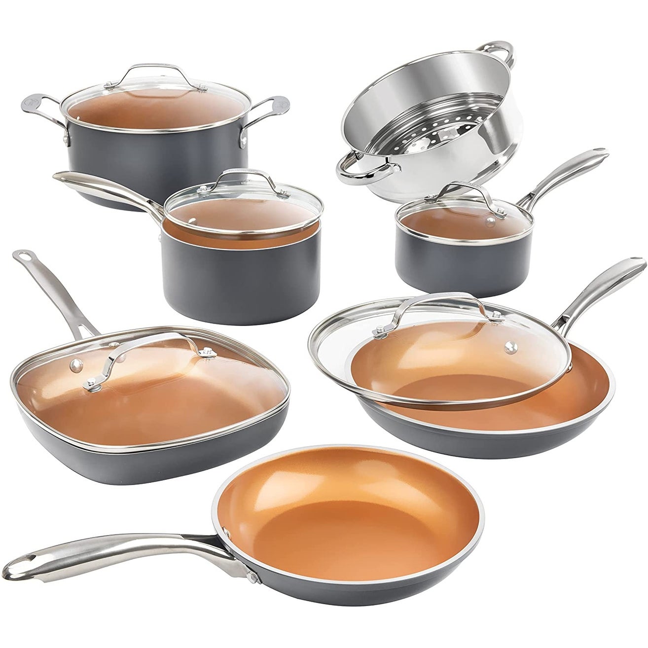 12 Piece Cookware Set， Non-Stick Copper Coating， Includes Skillets， Frying Pans and Stock Pots， Dishwasher and Oven Safe