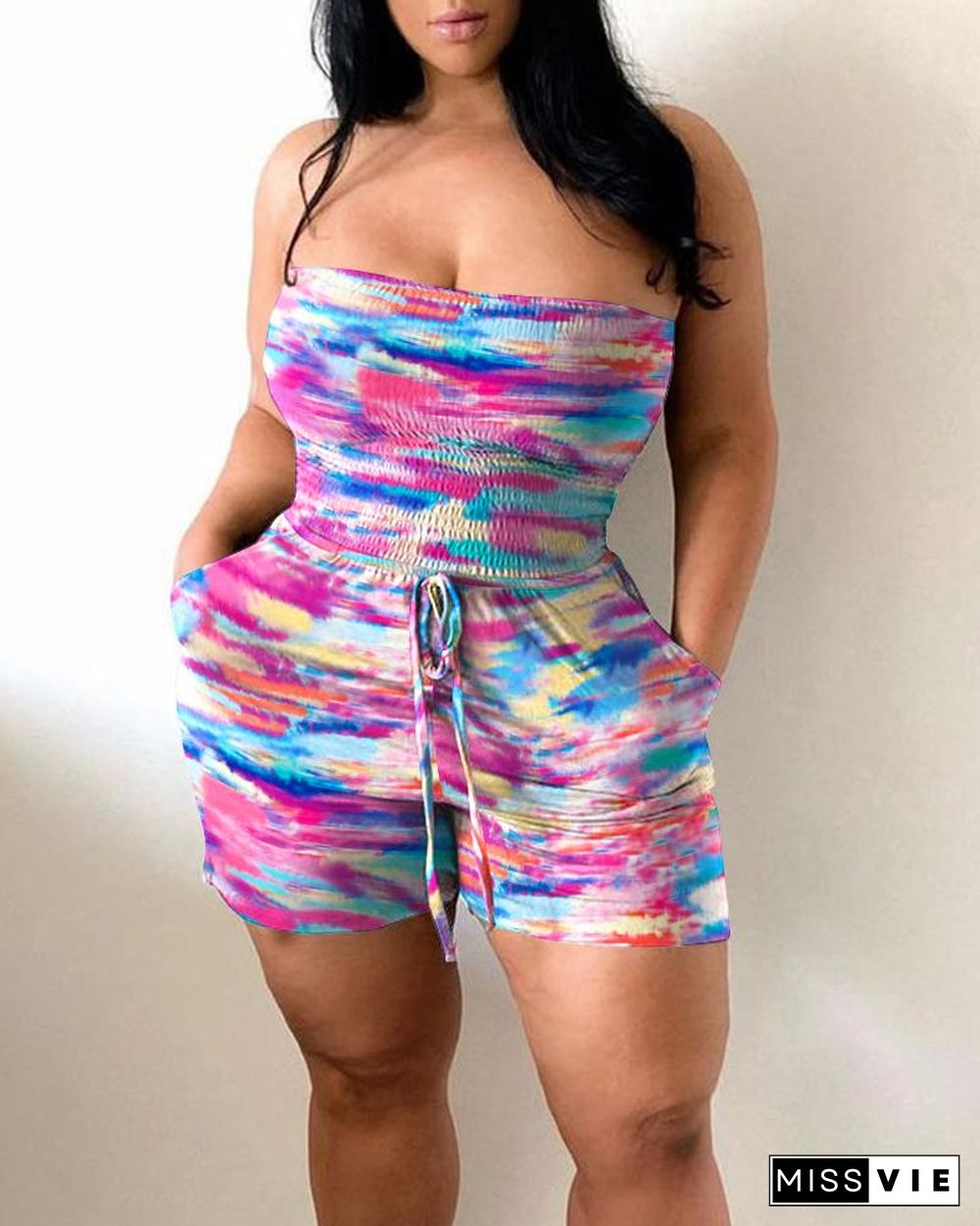 Multicolor Print Bandeau Sleeveless Pocket Slim Romper