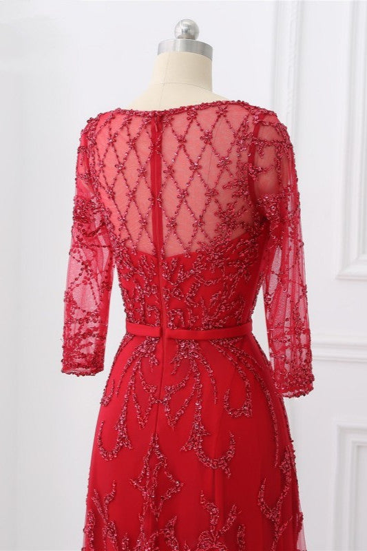 Glamorous Red Tulle Jewel Appliques Prom Dresses Long Sleeves with Rhinestones On Sale