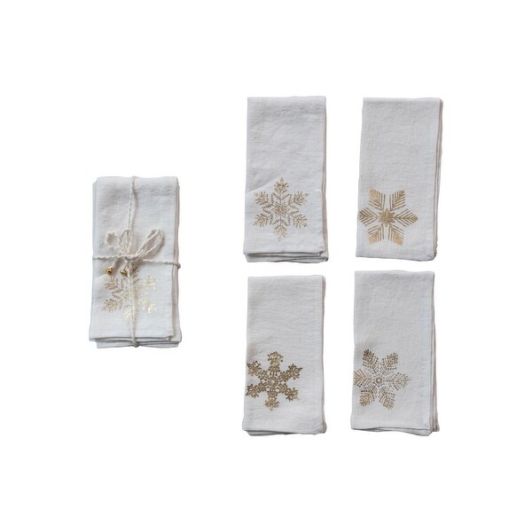 Linen Snowflake Napkins with Cotton Rope and Bells，Set of 4