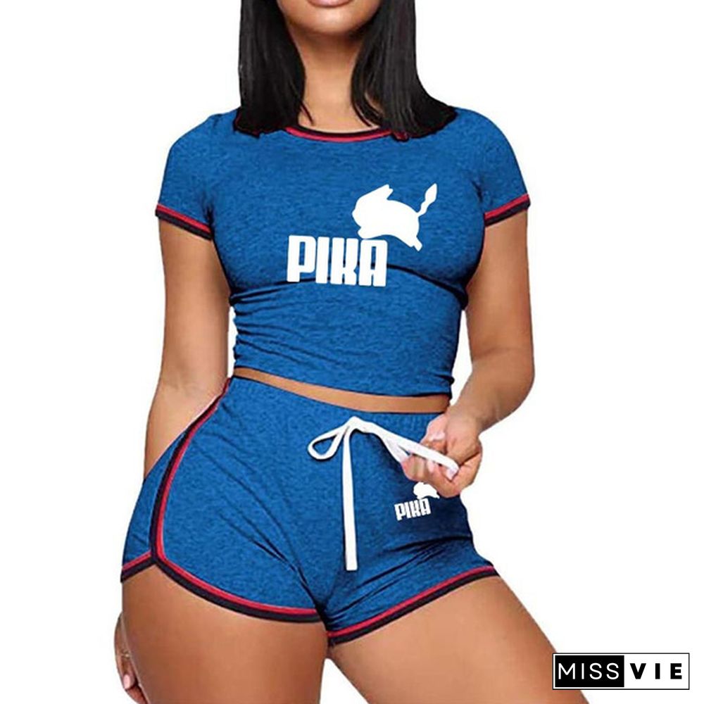 New High Quality Women Fashion Casual Two Piece Set Short Sleeves T-Shirt & Skinny Shorts Pants Sets Beach And Gym Suits Outfits