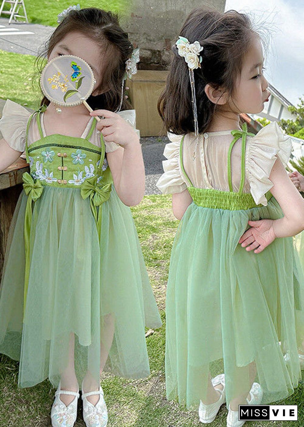 Elegant Green Embroideried Patchwork Bow Tulle Kids Long Dress Short Sleeve