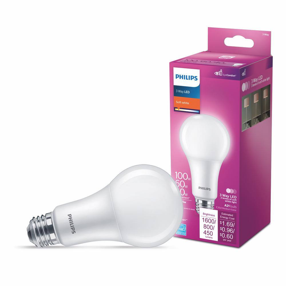 Philips 40-Watt60-Watt100-Watt Equivalent 3-Way A21 E26 LED Light Bulb Soft White 2700K (1-Pack) 571513