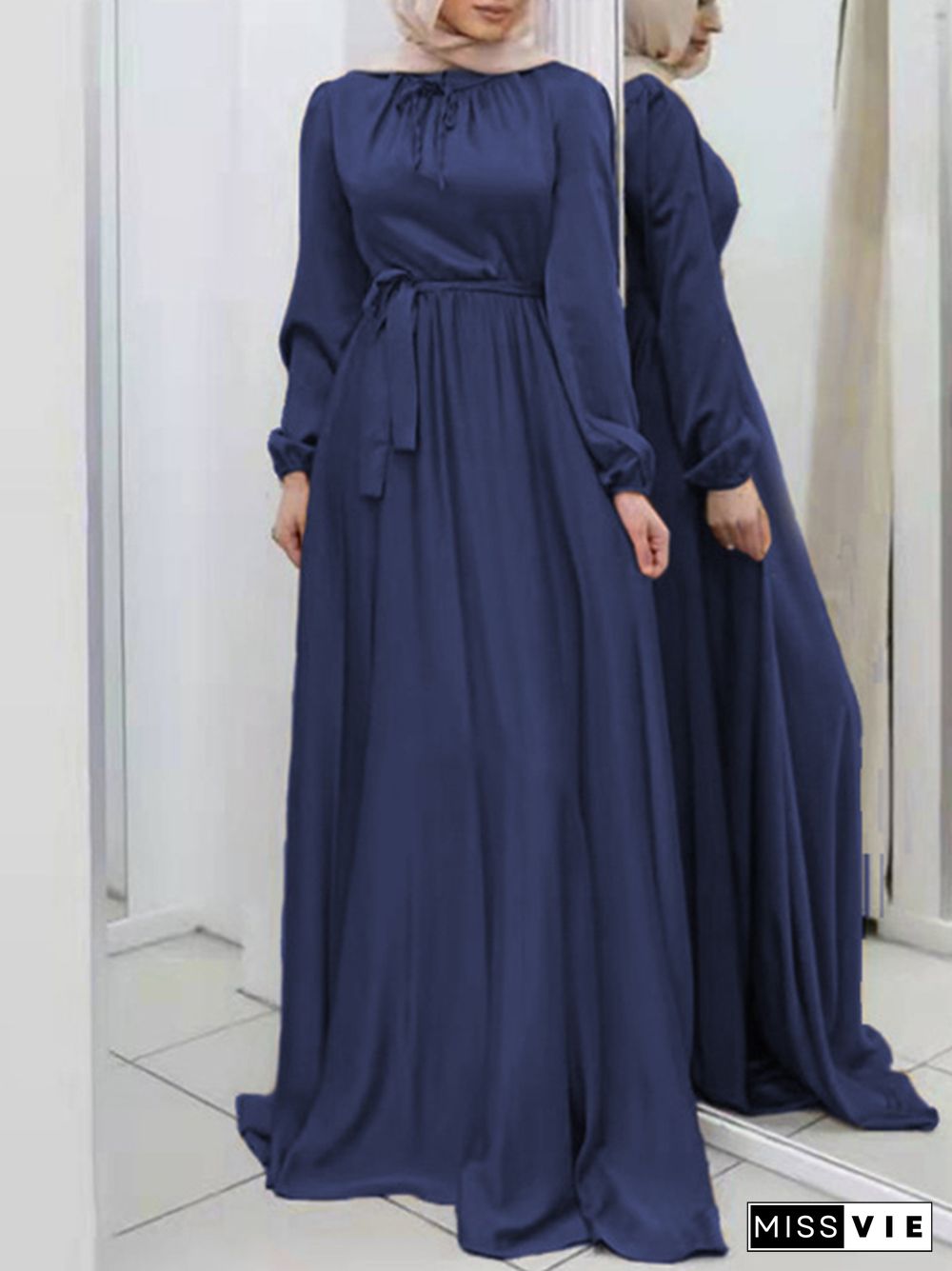 Long Sleeves Loose Pleated Solid Color Tied Waist Maxi Dresses