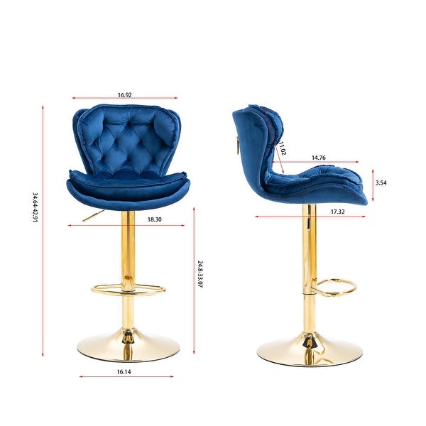 Set of 2 Bar Stools，with Chrome Footrest and Base Swivel Height Adjustable Mechanical Lifting Velvet + Golden Leg