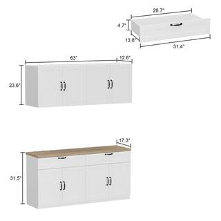 FUFUGAGA White Wooden 63 in. Width Food Pantry Sideboard Pantry Cabinet with Wall Mounted Kitchen Cabinet(Two Parts) LBB-KF210186-01+02-c1