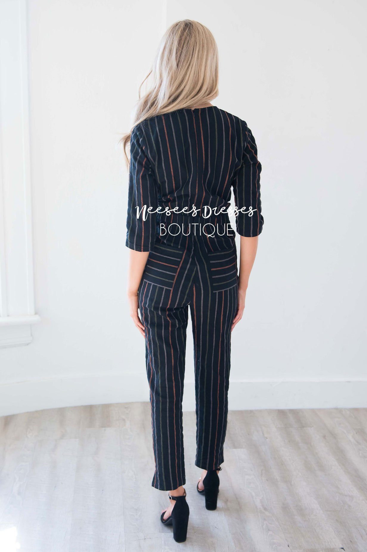 Black Pinstripe Linen Jumpsuit