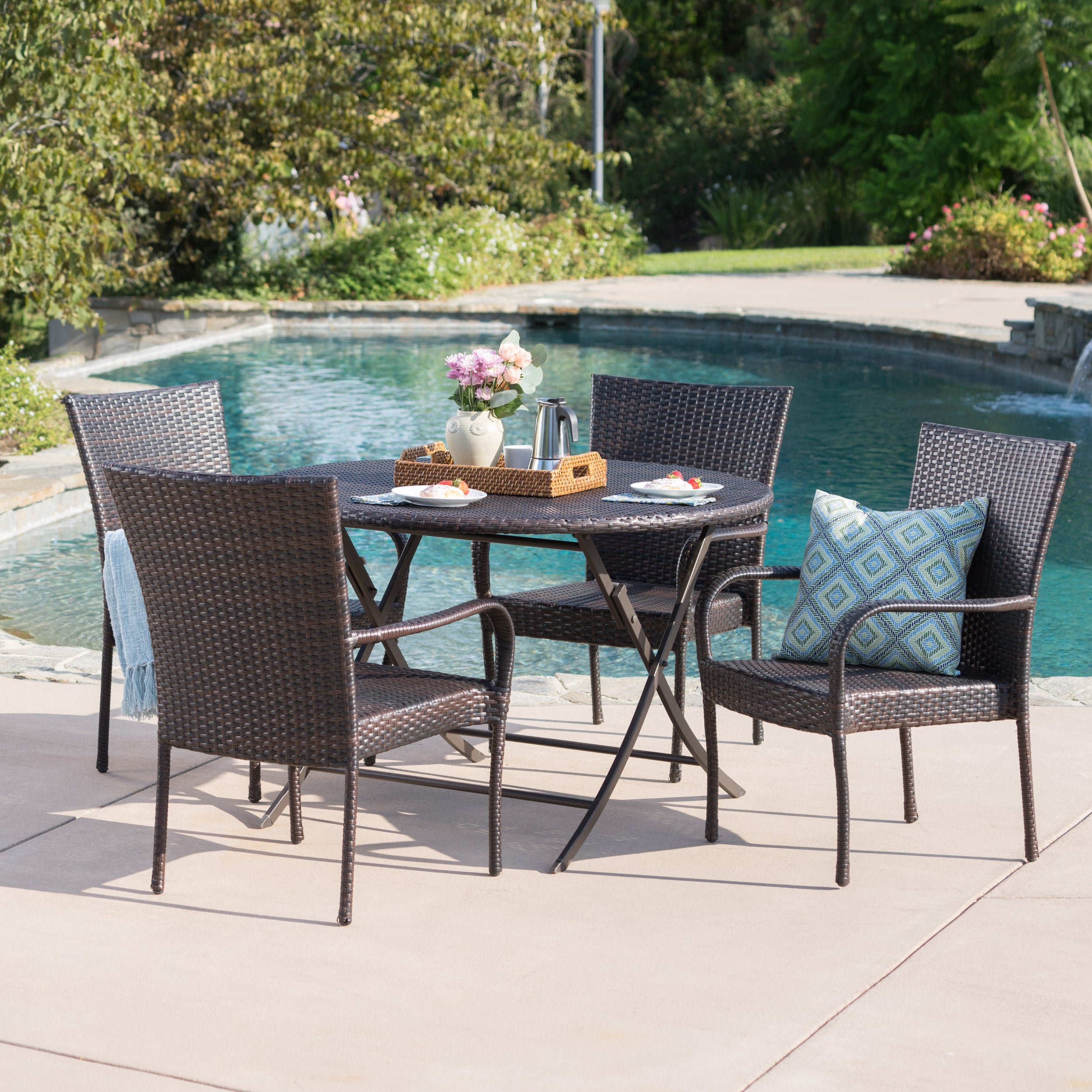 Rafael Outdoor 5 Piece Multi-Brown Wicker Dining Set