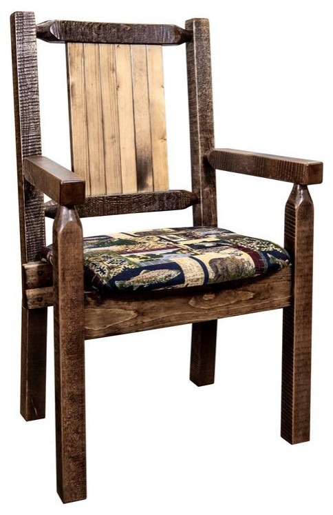 Montana Woodworks Homestead Wood Captain  x27s Chair with Engraved Wolf in Brown   Rustic   Dining Chairs   by Homesquare  Houzz