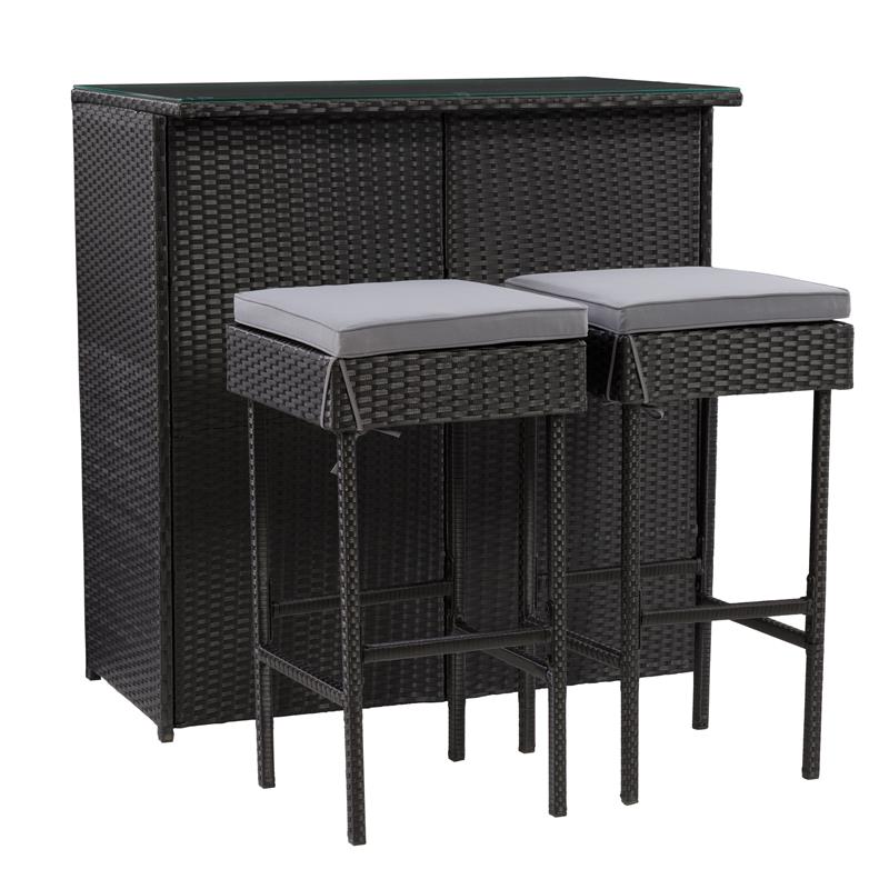 CorLiving Parksville Patio 3pc Bar Set - Black with Ash Gray Fabric Cushions