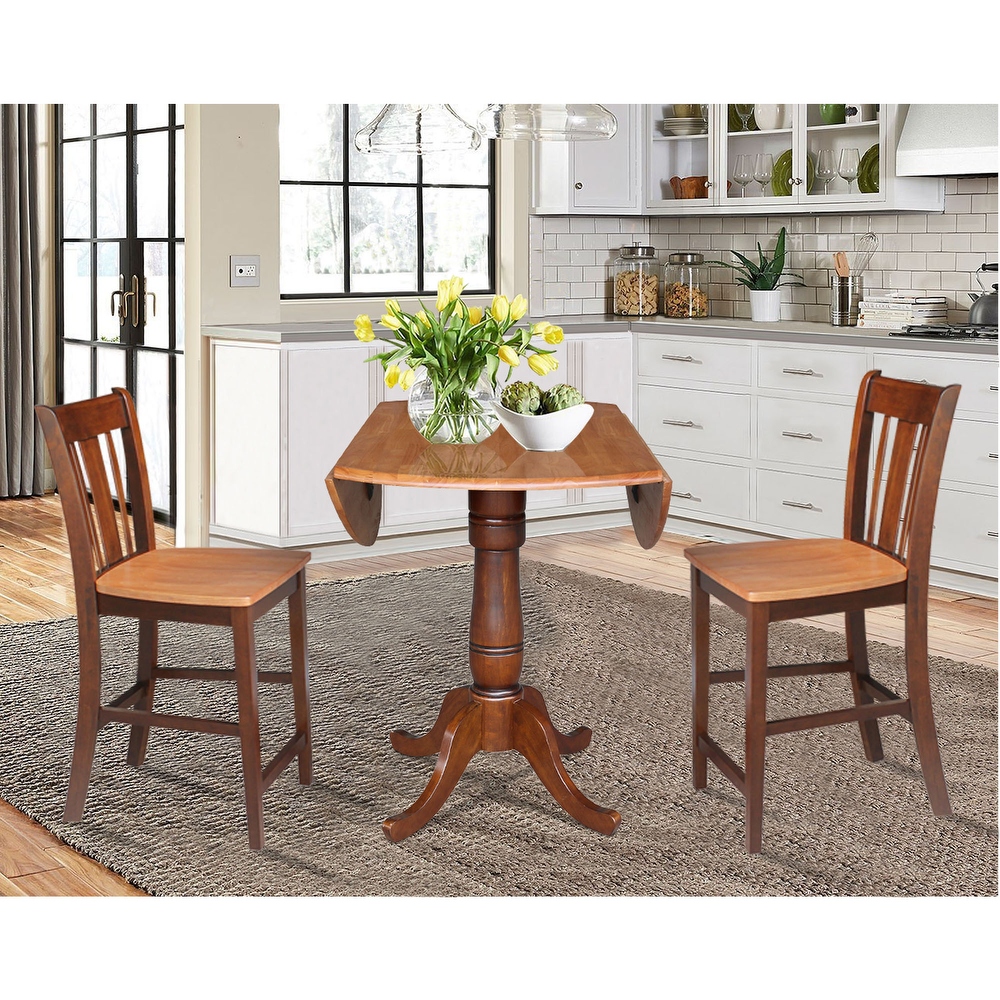 42 in. Round Dual Drop Leaf Counter Height Dining Table with 2 Splatback Stools   3 Piece Set